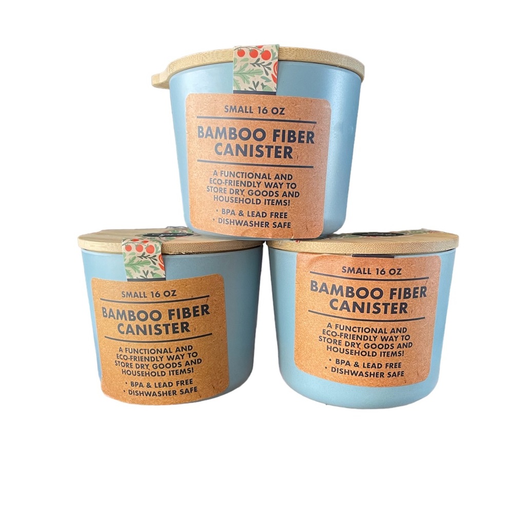 🆕 Set of 3 Kitchen Bamboo Canisters, 16 oz, Light Blue Gray